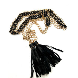 Vintage Black Leather & Brass Plated Chain Belt w/ Tassels 52" Adjustable